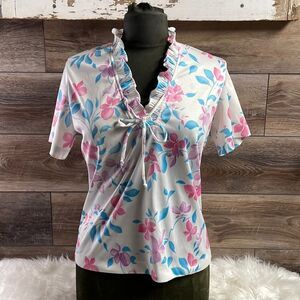 FRAYNE Womens Vintage Pastel Floral Top Ruffles Neckline Cottagecore Size Small